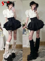Skirts Punk Girl's Fluffy Black Skirt Summer Lace-up Bow High Waist A- Line For Women 2024 Gothic Korean Style Mini
