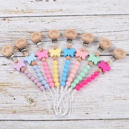 Pacifier Holders Clips# Baby beech wood pacifier clip with Coloured silicone butterfly beads dummy bracket chain tooth care toy baby soothing Nipple chain d240521