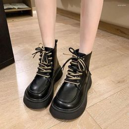 Boots 2024 Fashion Thick Sole Women's Front Lace Up PU Leather Ankle Punk Anti-Slip Motorcycle