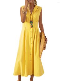 Casual Dresses 2024 Summer Women's Solid Color Sleeveless Cotton Linen Button Lapel Retro Oversized XXXL A-Line Long