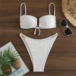 Women's Swimwear Ladies Fashion Casual Europe And The United States Solid Color Metal Jewelry Strap Two Piece Swimsuit Halal Swimsuits For