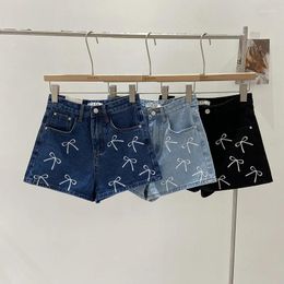 Women's Shorts Korean Sweet Bow Print Denim Tight Retro Washed Blue Short Jeans Y2k High Waist Straight Pants Summer Cute