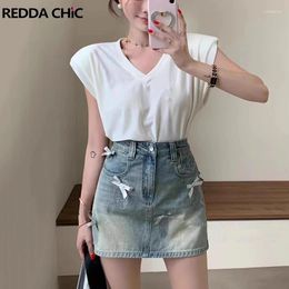 Skirts REDDACHiC Cute Ribbon Denim Mini Skirt Women Vintage Wash Whiskers High Rise Stitch Bow Glitter A-line Short Bottoms Y2k Clothes