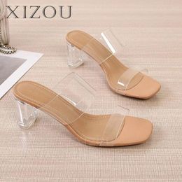 Slippers 2024 High-eeled Thick With Transparent Sandals Female Fashion Outside Wear Crystal Hundred A Word Strap