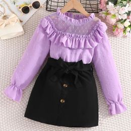 Clothing Sets Spring Autumn Girls 8-12 Years Kids Purple Lace Patchwork Long Sleeve Tops Black Skirts Casual Stylish Suits