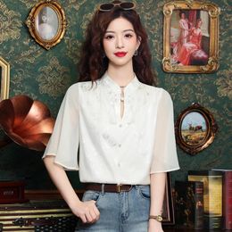 Women's Blouses Chinese Style Light Short-sleeved Chiffon Shirt Female Summer 2024 Small Temperament Satin Top