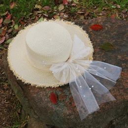 Wide Brim Hats Straw Hat Women's Summer French Vintage Elegant Lace Pearl Ribbon Flat Top Big Eaf Sun Protection And Sunshade