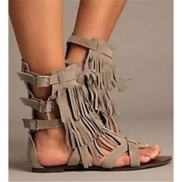 Women Western Fashion Open Toe Suede Leather Tassels Gladiator Buckles Strap Fringes Flat 712