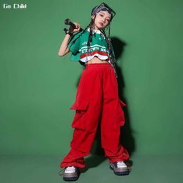 Clothing Sets Girls Hip Hop Crop Top Red Cargo Baggy Pants Child Polo Shirt Street Dance Loose Jogger Clothes Set Kids Streetwear Teen T-shirt Y2405209DWH