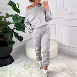 Women's Two Piece Pants Design Independence 2024 Spring Autumn Clothing Solid Colour Off-the-Shoulder Patch Pocket Casual Sweatshirt Trousers