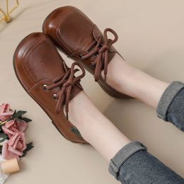 Vintage Plain Oxfords Shoes Women's Genuine Leather Flats Ladies Lace Up Moccasins Woman Ballet Shoes Driving Loafers Elderly