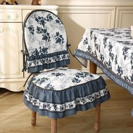 Retro Printed Ruffle Edge Dining Stool Cushion High End Household Chair Cushion Backrest Cover Thickened Concise Seat Cushion 240521