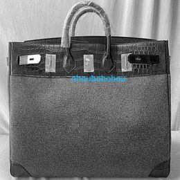 Customized Totes Bk Luxury Leather Handbag Customized 50cm Black Matte Crocodile Skin Patchwork Sheep Sticky Woolen Cloth Large Travel Bag with logo OH3P