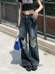 Women's Jeans Women Ripped Street Style Ladies Hole Design Trouser Harajuku Full Length Ins Chic All-match High Waist Casual Flare Denim