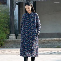 Casual Dresses QPFJQD Female Retro Printed Floral Cotton Linen 2024 Winter Chinese Padded Vintage Button Dress Stand Collar Long Sleeve