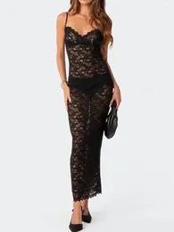 Casual Dresses Women S Lace Long Cami Dress Slim Scalloped Neck Sleeveless See Through LaceSpaghetti Strap
