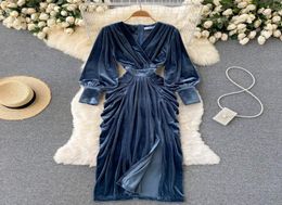 Casual Dresses Women Blue Draped Velvet Long Dress Elegant VNeck Lantern Sleeve High Waist Party Robe Female Autumn Winter 2021 F3351683