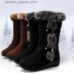 Boots New Winter Womens Boots Casual Warm Fur Mid calf Boots Womens Skating Shoes Round Toe Wedge Snow Boots Printed Plus Size 42 Q240521