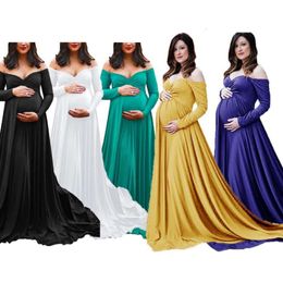 Mercerized cotton V-neck Off-the-shoulder trailing large swing long photography dress maternity clothes L2405