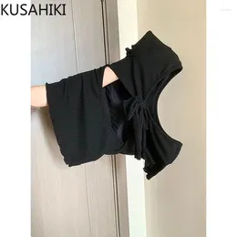 Women's T Shirts KUSAHIKI Hollow Out Short Sleeved T-shirt With Butterfly Knot Sexy Backless Spicy Girl INS Slim Fit Y2k Top Chest Pad