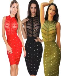 Mesh Studded Sexy Women Bodycon mini New Sleeveless Bandage Dresses Rayon Black Olive Green Red14414712576609