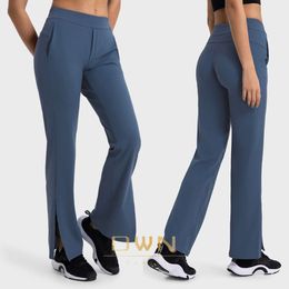 Lu Yoga Align Stretch ightweight Woven High-Rise Wide-eg Pant Relaxed fit Buttery-soft Slits Hems Yoga Pants With Side Pocket LL Lemon Gym