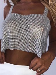 Women's Tanks Bling Rhinestones Party Crop Top 2024 Fashion Solid Backless Straps Full Diamonds Sequins Cami Cropped For Women