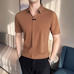 High Elasticity Mens Short Sleeved Tshirt 2024 Summer Breathable and Soft Solid Casual Slim Fit Ice Silk Men Clothing 240508