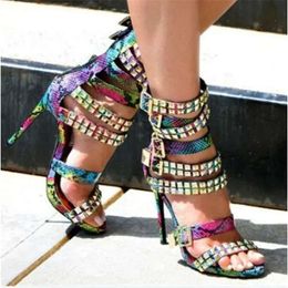 Fashion Women New Open Toe Gold Rivet Stiletto Gladiator Strap Buckles High Heel Sandals Pa 1de