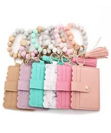 PU Leather Bracelet Wallet Keychain Party Favour Tassels Bangle Key Ring Holder Card Bag Silicone Beaded Wristlet Keychains FY3399 4209420