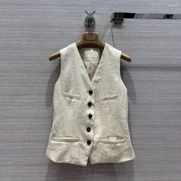 Women's Tanks Top Quality Beige Color Linen Vest Blazer Women V-neck Sleeveless Single Breasted Slim Fit Elegant Lady Tank Jacket Brand Suit