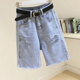 Women's Jeans 2024 Summer Knee-Length Denim Shorts With Hole Women Casual Tassel Solid High Wasit Korean Loose Straight Chic Z30