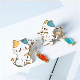 Pins Brooches New Fashion Creative Cat Fishing Design Metal Enamel Brooch Cartoon Cute Animal Badge Pin Best Friend Gift Jewelry Acc Oto1X