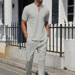 Men's Tracksuits 2024 Cross-border Waffle Men Casual Fashion Stand Collar Short Sleeve Pants Suit