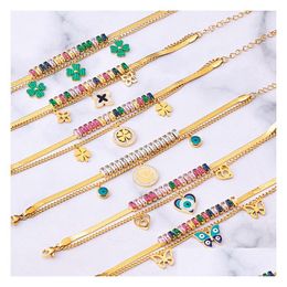 Charm Bracelets Fashion Jewellery Titanium Steel Bracelet For Women Colorf Rhinestone Evil Eye Clover Charms Pendant Double L Dhgarden Dhp5J