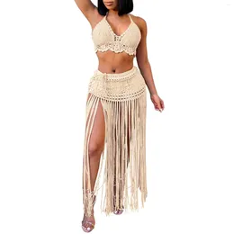 Women Boho 2pcs Cover-Up Swimsuit Solid Hollow Out Crochet Crop Tops And Cover-Ups Skirts Female Swimming Beachwear Beach Sarong