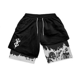 Y2K Compression Shorts Skull Print 2 in 1 Gym Shorts for Men Active Athletic 5 Inch Quick Dry Stretchy Training Fitness Workout 240521