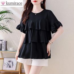Women's Blouses Large Size Chiffon Shirt For Summer Oversized Slim Fit And Age Reducing Elegant Ruffled Edge Top