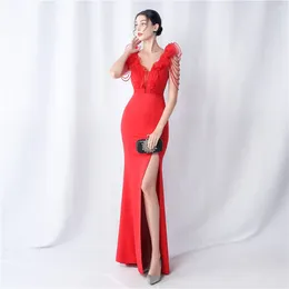 Casual Dresses High End Customized 2024 Product Heavy Industry Beaded Organza Sexy V-neck Wedding Satin Women Long Party Dress Evening