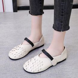 Casual Shoes Spring And Autumn Slip-on Women's Hollow Breathable Leather Flat Handmade Hook Loop Black Brown