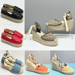 Designers Womens Wedge Platform Sandals Espadrille Shoes Real Leathers Ankle Lace-up Matelasse Espadrille Ladies High Heel Size 35-41 With Box Dust Bag 037