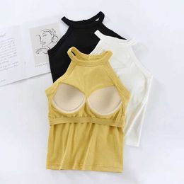 Women's Tanks Camis Ribbed womens vest padded wireless chest sleeveless sexy suspender collar casual and fashionable bottom layer womens top C5700 d240521