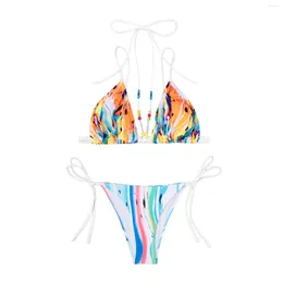Women's Swimwear Split Triangle String Bikini Set Summer Fashion Printing Lace-Up Bra Tops Side Tied Briefs Swimsuit Two Piece