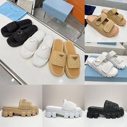 2024 Neues Desginer Dreieck Strohbreite Slipper Sandalen Plattform Raffias Pantoffeln Womans Herren Sommer Flat Absatz Freizeitflip Flops im Freien Pool Sliders Beach Schuh