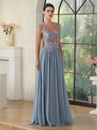 Sexig rygglös nouvelles 2024 Dark Navy Murffon Applicies une Ligne Sheer V Neck Long Party Prom Gowns CPS3038 5.21