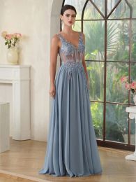 Sexy senza schienale Nouvelles 2024 Dark Navy Murffon Appliques UNE Ligne Sheer V Neck Long Party Prom Gowns CPS3038 5.21