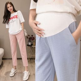 Summer Maternity Cotton Linen Pants Leisure Loose Pregnant Women Clothes High Elastic Waist Pregnancy Trousers Black Pink Blue L2405