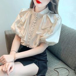 Women's Blouses Elegant Satin Shirt Office Lady French Short Bubble Sleeves Ruffles Beading Blouse Women Gentle Casual Loose Stand Collar