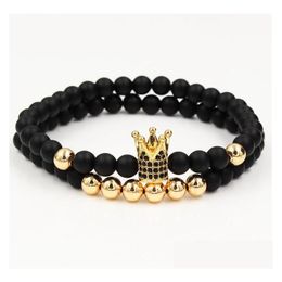 Charm Bracelets 6Mm Cubic Zirconia Bracelet Beaded Jewelry Skl Cross Crown Natural Black Frosted Drop Delivery Dhned