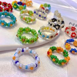 Cluster Rings Cute Transparent Resin Acrylic Handmade Beaded Rhinestone Colourful Flower Beads Round For Women Girl's Y2k Jewellery Party